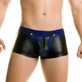 Black patent leather briefs with bold blue gat logo waistband and matching trim along front zipper opening