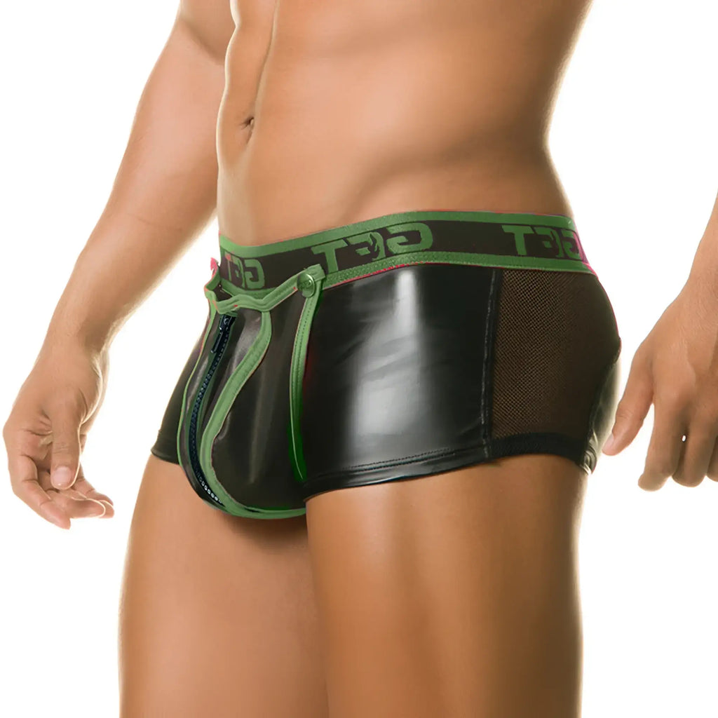 Black and green patent leather briefs with mesh panels and front zipper pocket