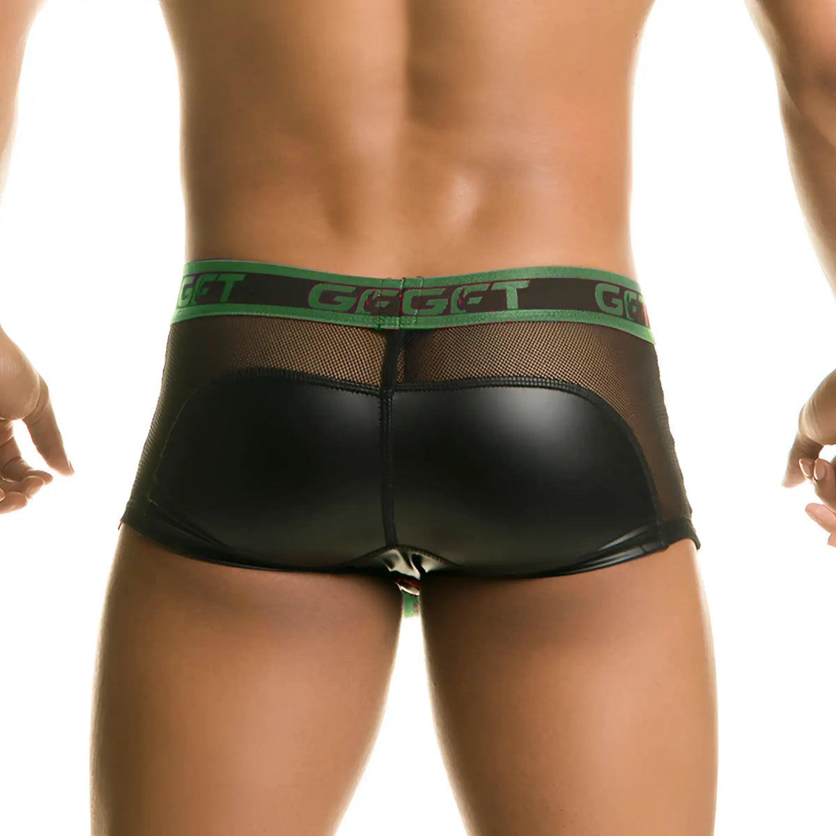Black mesh briefs with shiny faux leather panel and green waistband featuring get logo gigo 1 fetiche green trunk zipper