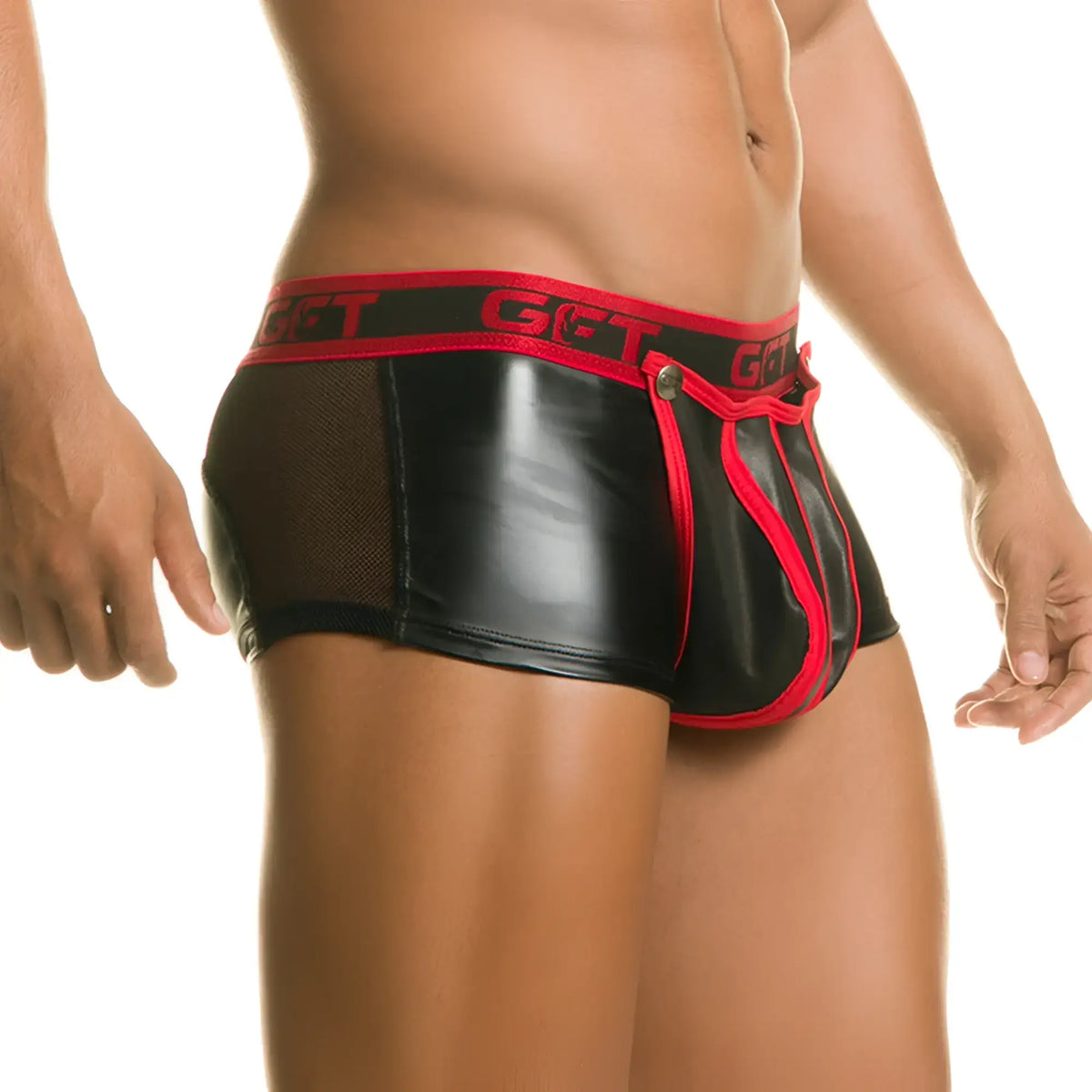 Gigo 1 fetiche red trunk black and red faux leather briefs with mesh side panels and branded waistband