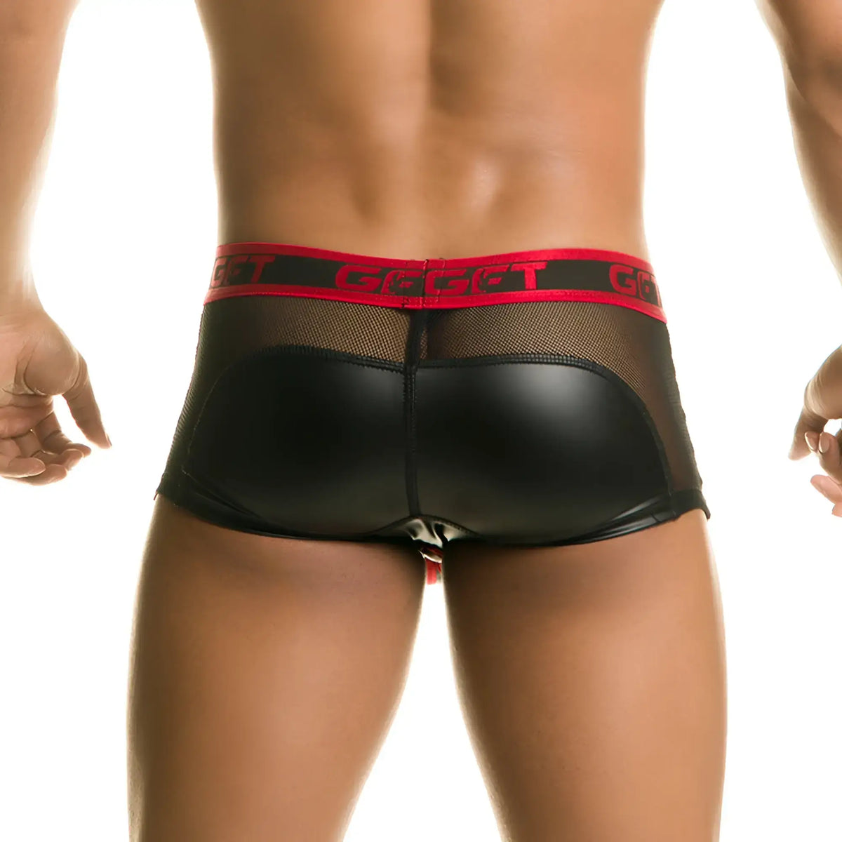Black faux leather briefs with red elastic waistband featuring gget logo in black lettering gigo 1 fetiche red trunk zipper