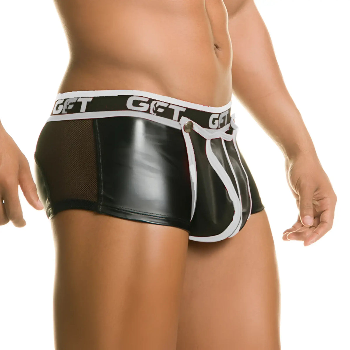 Black patent leather briefs with white mesh panels and contrasting white waistband featuring get logo