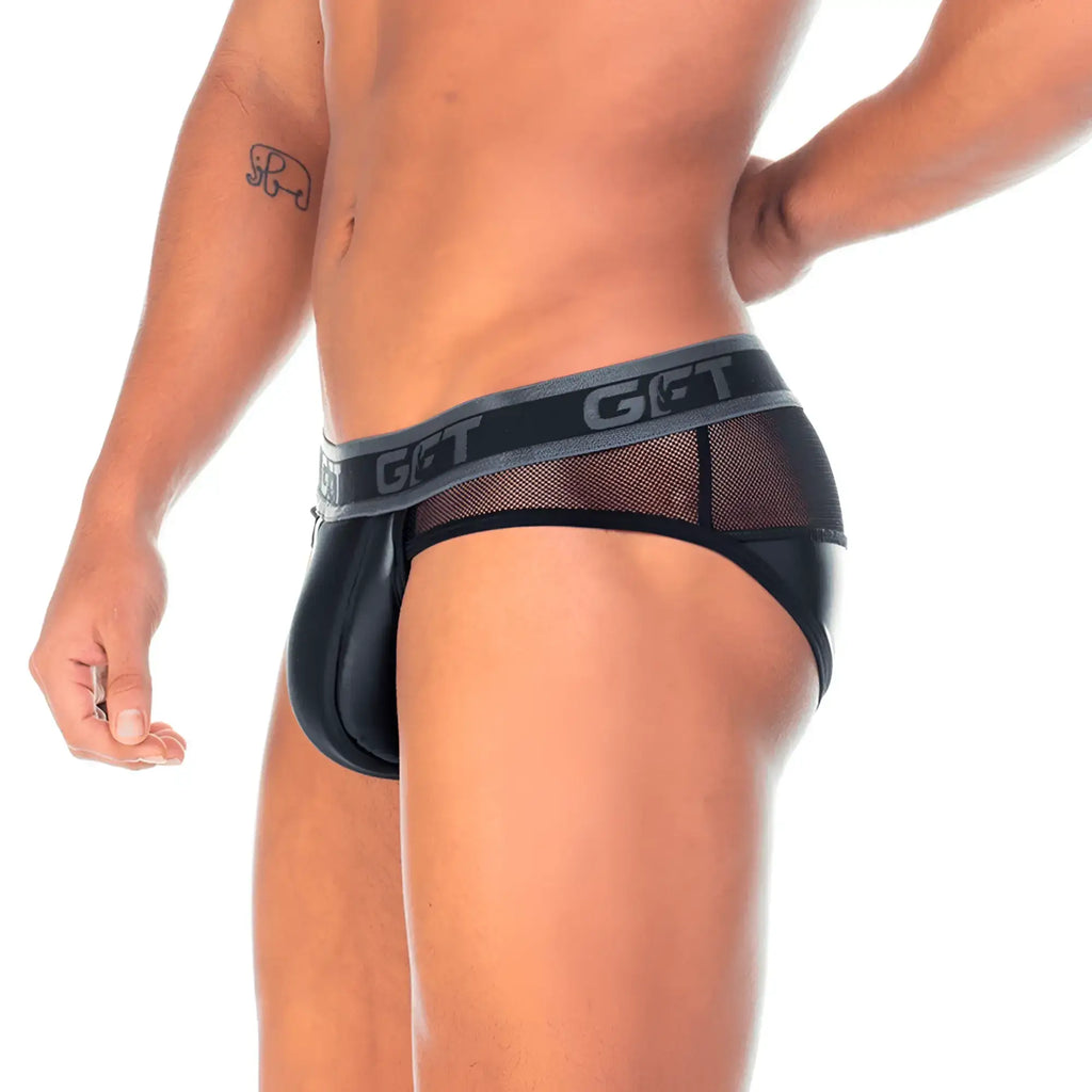 Gigo 2 Fetiche black brief with black mesh and faux leather and gray elastic waistband featuring the get logo