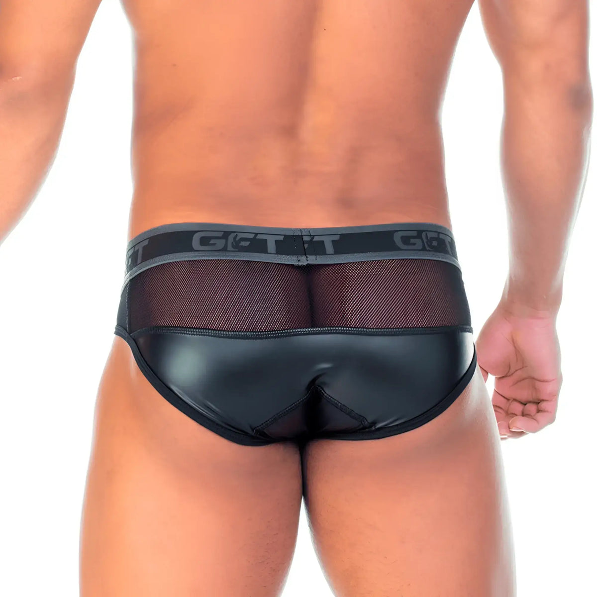 Black patent leather briefs with mesh back and gray waistband featuring get it logo from gigo 2 fetiche collection