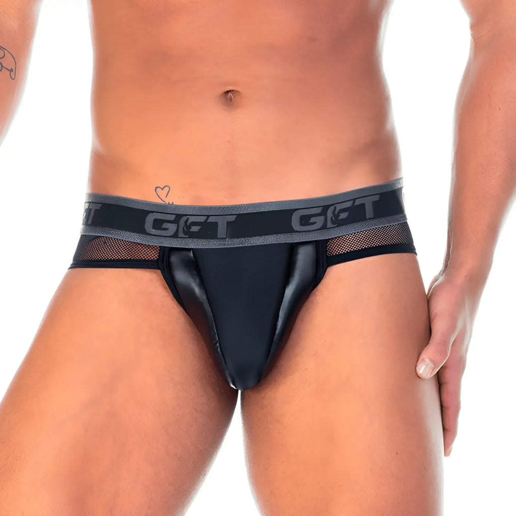 Black patent leather briefs with gray mesh waistband featuring get logo from gigo 2 fetiche collection