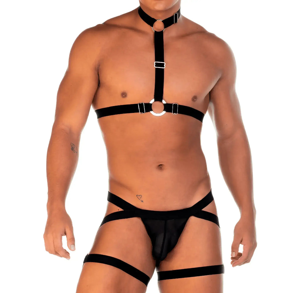 Black harness-style lingerie with silver metal rings and buckles from gigo 2 fetiche collection