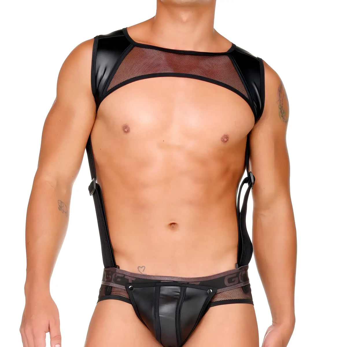 Black faux leather harness bodysuit with mesh panels and adjustable straps by gigo 2 fetiche shown from the back