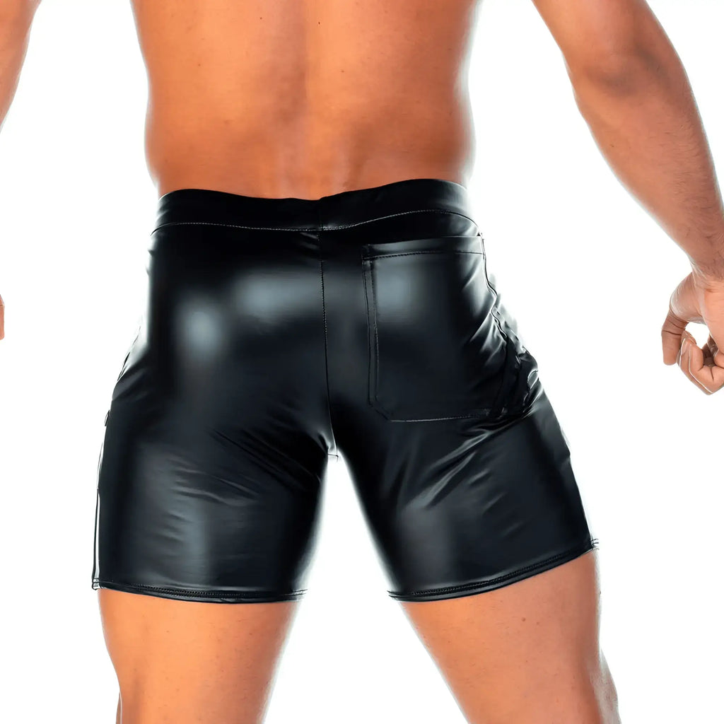 Back view of gigo 2 fetiche black shiny faux leather shorts with a sleek glossy finish and a single back pocket
