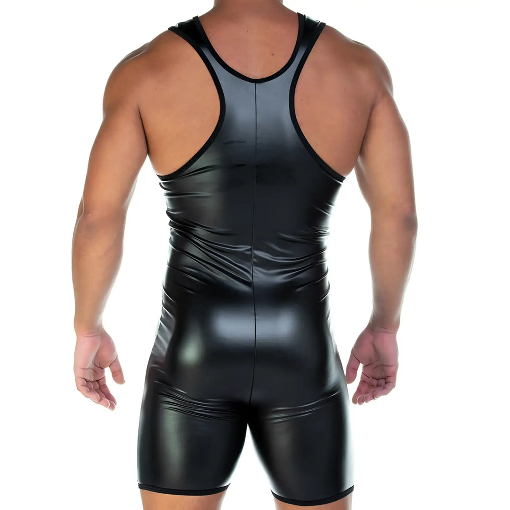 Gigo 2 Fetiche black singlet shiny black vinyl wrestling singlet with black trim front view