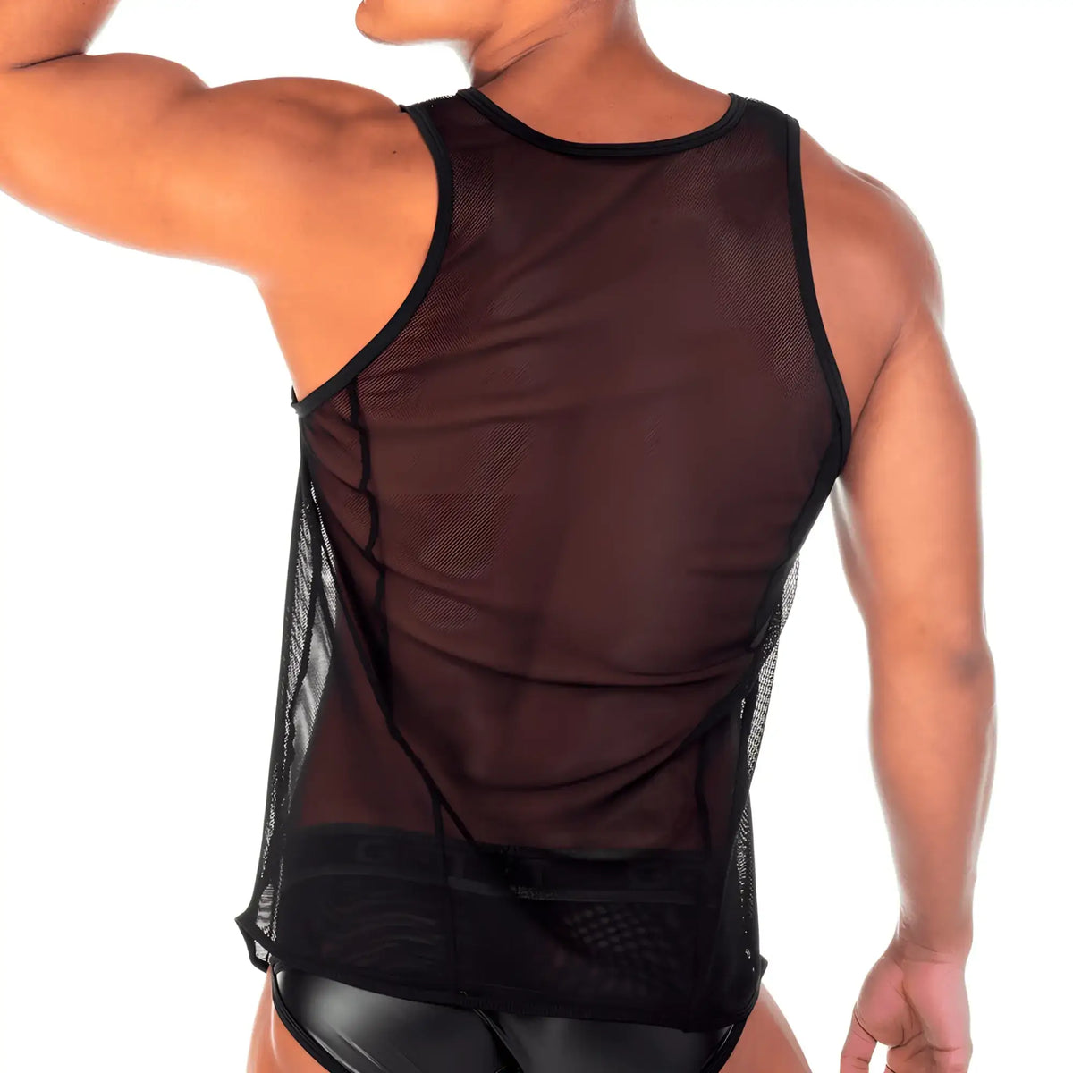 Gigo 2 Fetiche black tank is a sleek form-fitting black mesh tank top with reinforced trim on neckline and armholes