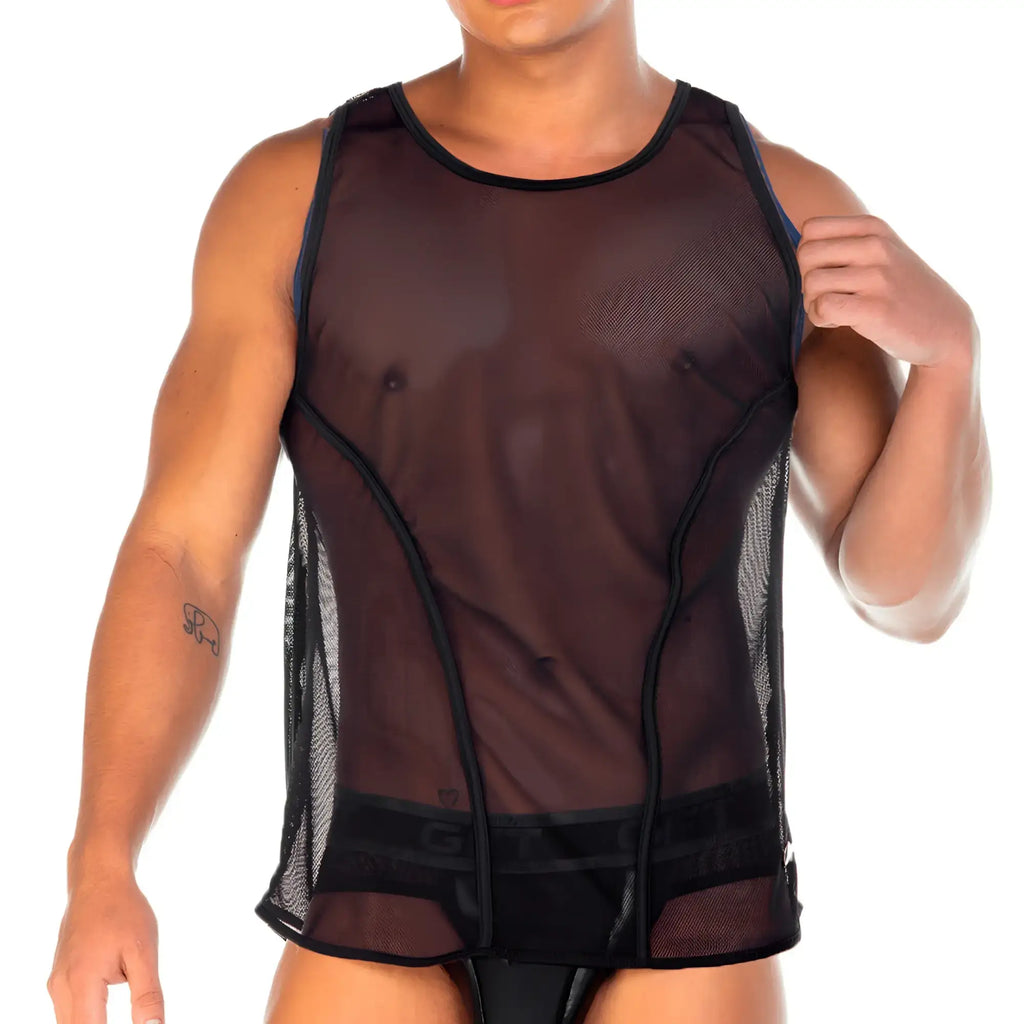 Gigo 2 Fetiche black tank is a black mesh tank top with reinforced trim along neckline armholes and hem