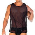 Gigo 2 Fetiche black tank is a black mesh tank top with reinforced trim along neckline armholes and hem