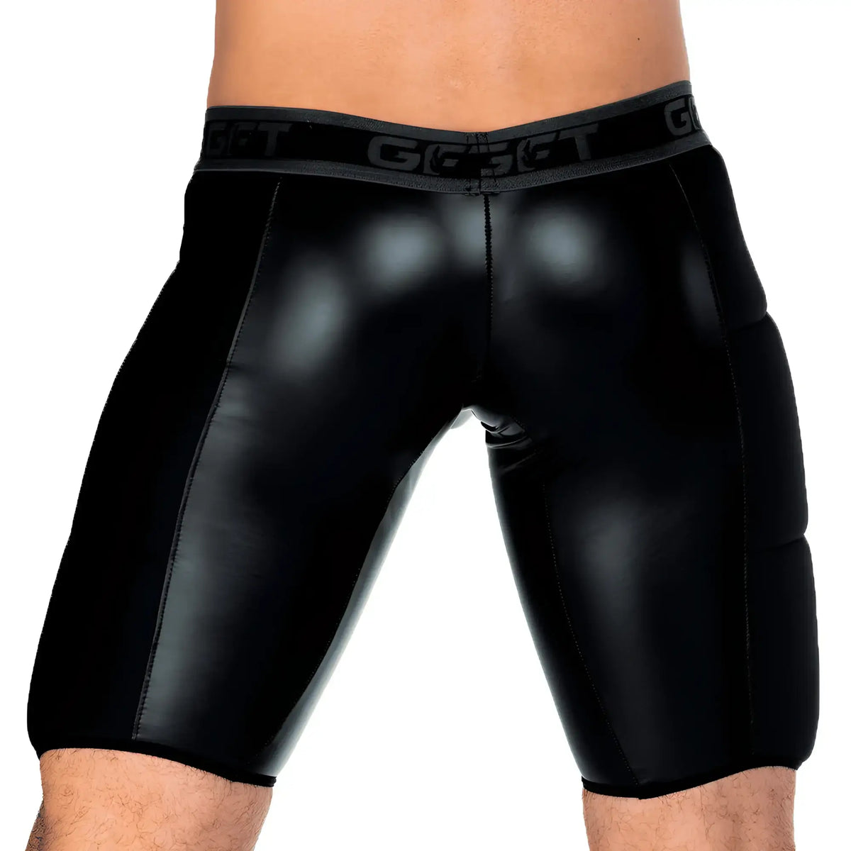 Black glossy faux leather shorts with gray waistband featuring ggs logo from gigo 2 fetiche black trunk long collection