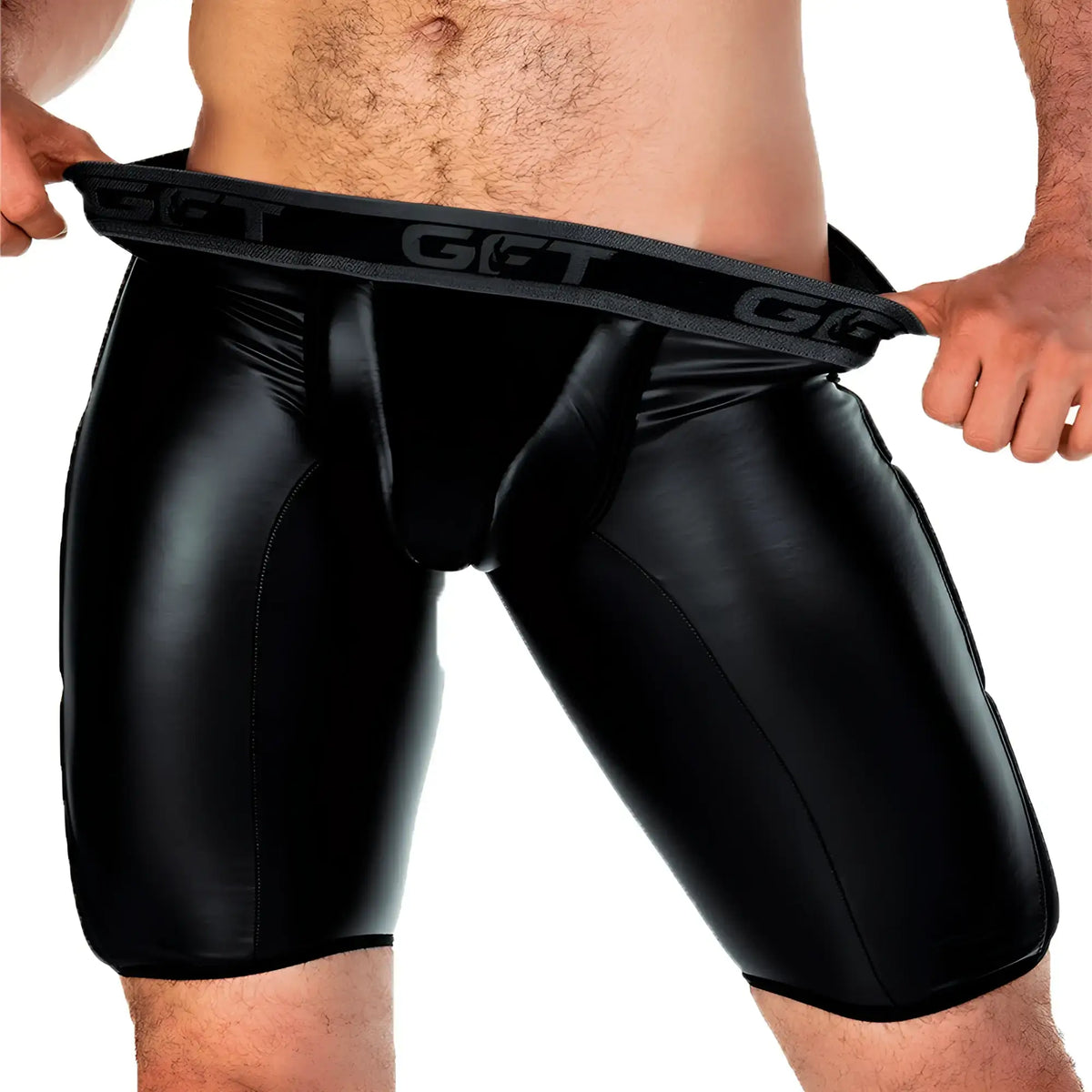 Black patent leather briefs with gray elastic waistband featuring gct logo from gigo 2 fetiche black trunk long