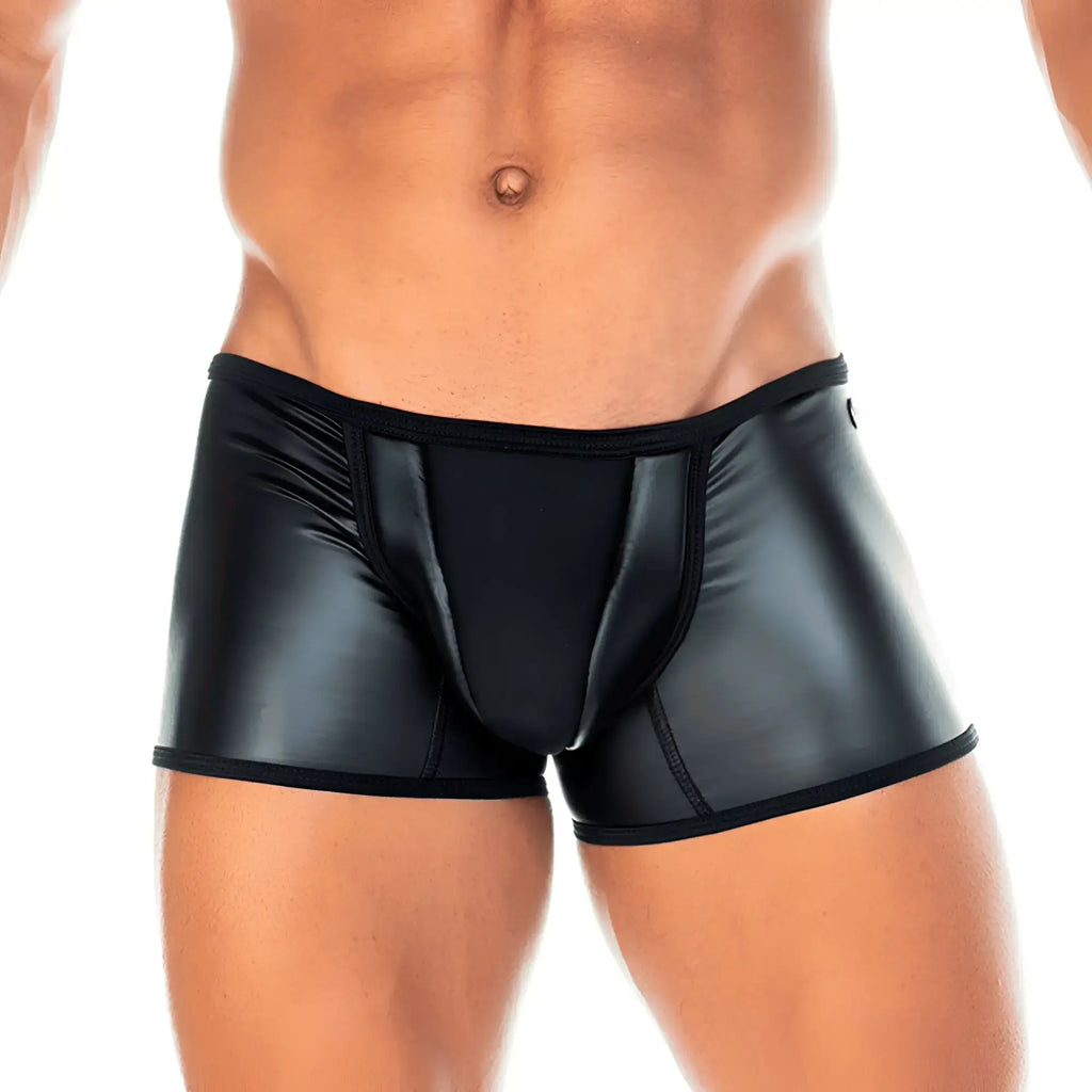 Black shiny faux leather briefs with sleek form-fitting design from gigo 2 fetiche black trunk collection