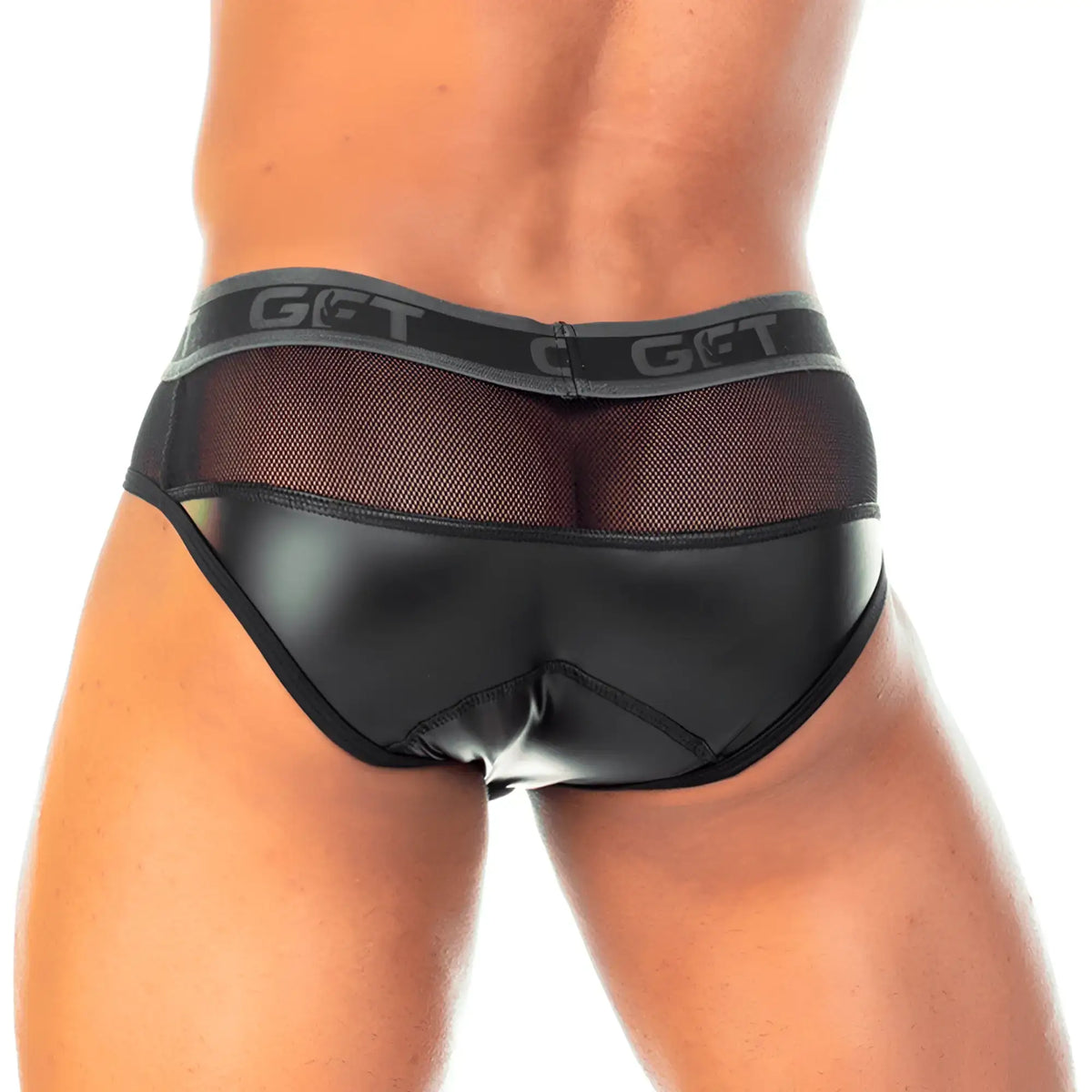 Gigo 2 fetiche black zipper brief in black patent leather with mesh panel and gray elastic waistband with gft logo