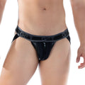 Black patent leather Gigo 2 Fetiche zipper jockstrap briefs with gray gct waistband and front zipper closure