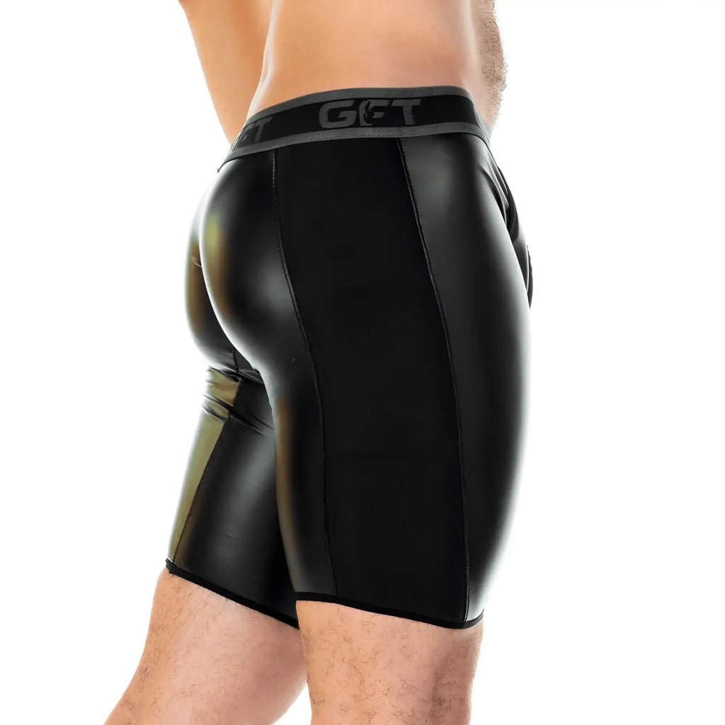 Black glossy faux leather briefs with gray get logo waistband from gigo 2 fetiche black zipper trunk long collection