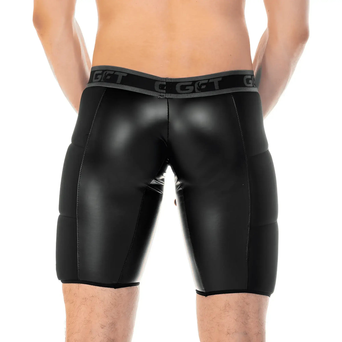 Black glossy faux leather shorts with gray waistband featuring get logo from gigo 2 fetiche black zipper trunk long