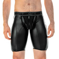 Black glossy faux leather Gigo 2 Fetiche zipper trunk long shorts with front zipper and gray get logo waistband