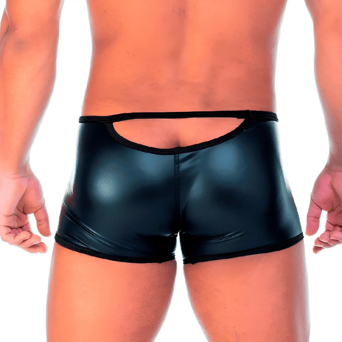 Back view of gigo 2 fetiche black zipper trunk black patent leather shorts with cutout back and elastic waistband