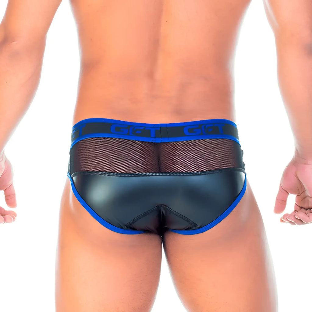 Gigo 2 Fetiche blue brief with black and blue mesh back and glossy finish for stylish comfort