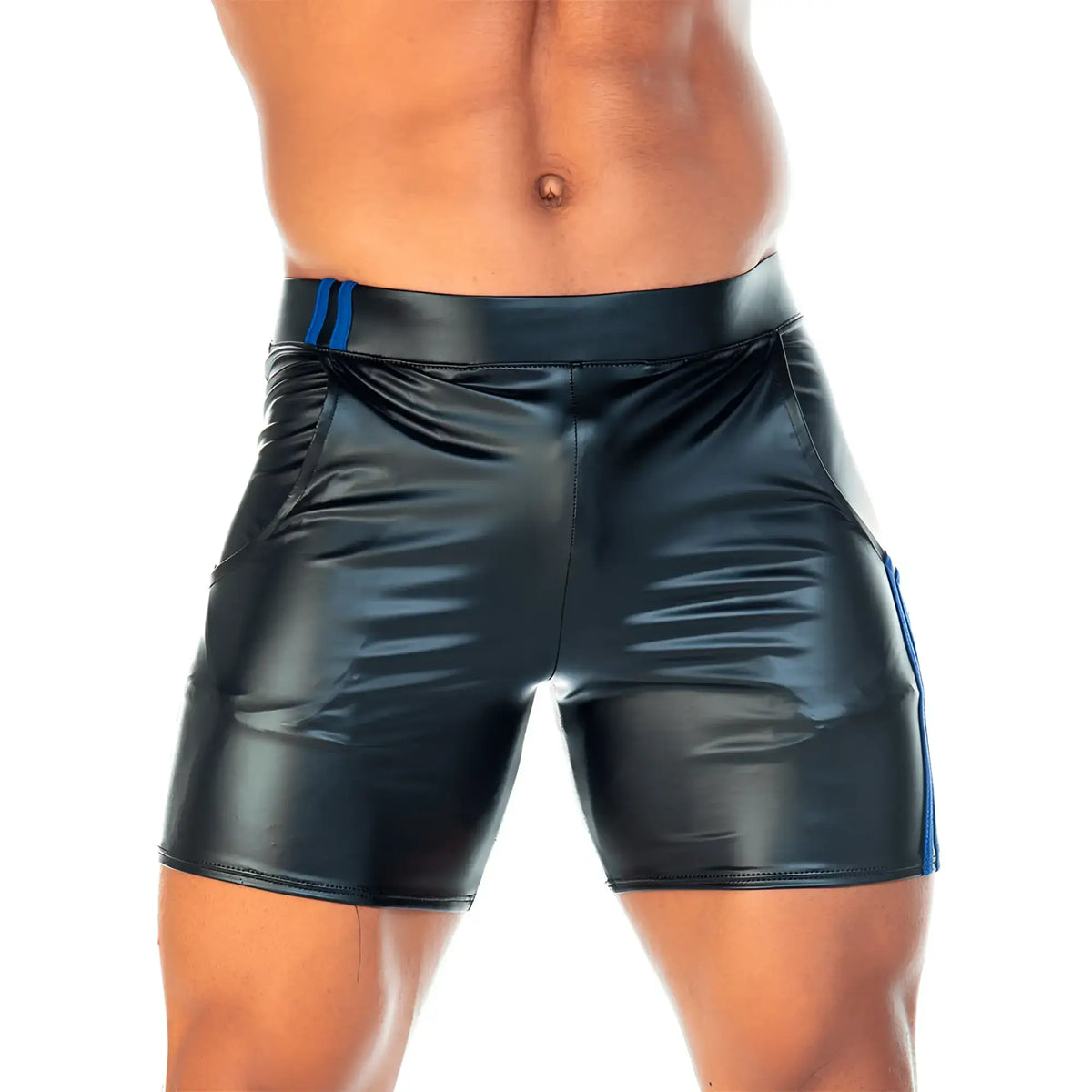 Black shiny faux leather shorts with blue side stripes from gigo 2 fetiche blue short collection
