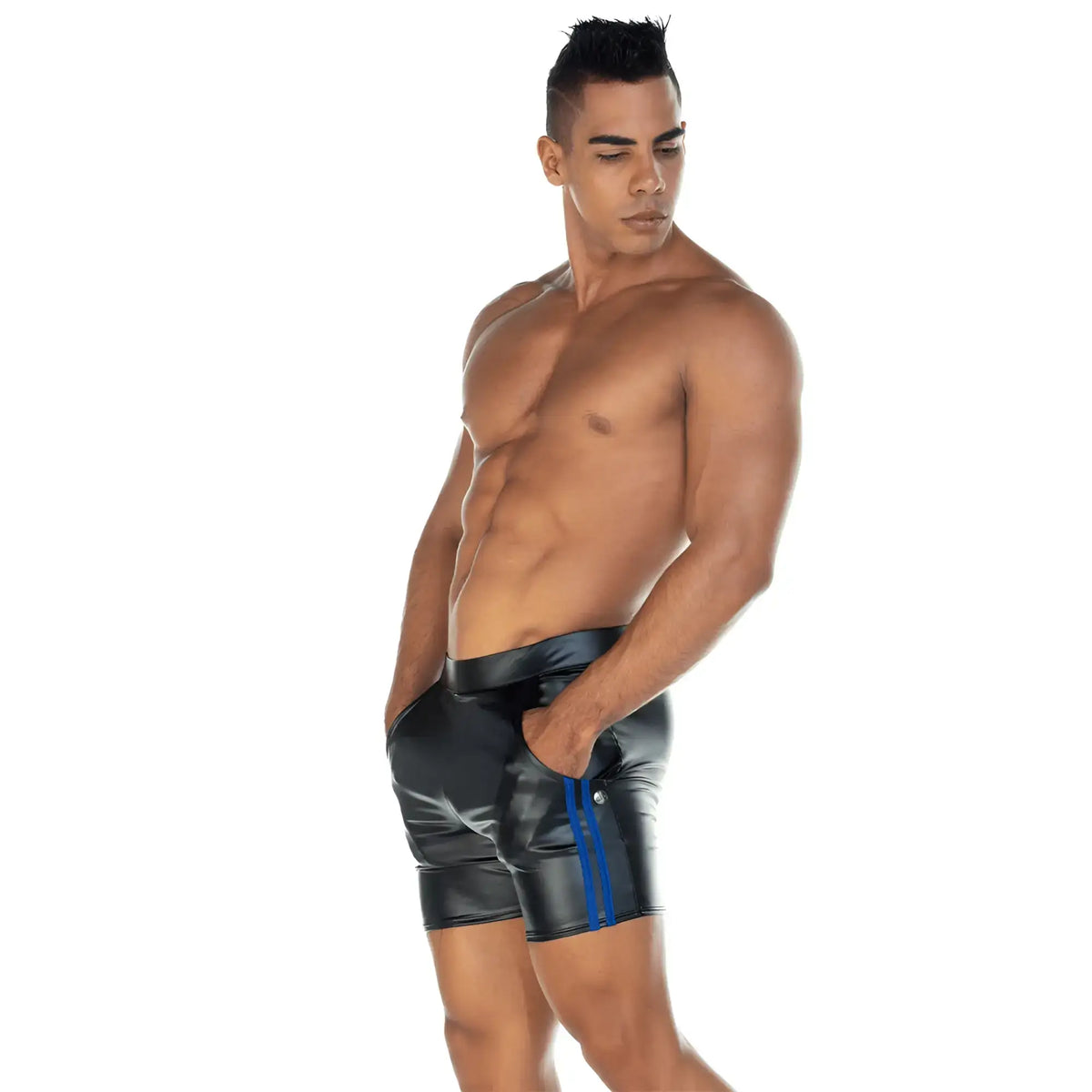 Black patent leather shorts with bold blue side stripes from gigo 2 fetiche blue short collection