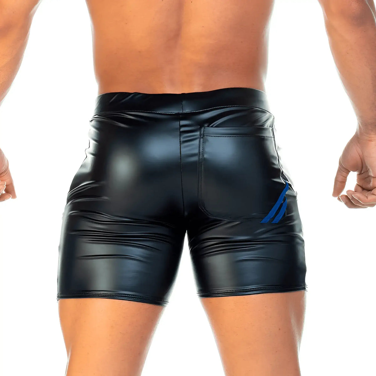 Black shiny faux leather shorts with a blue logo on the side from gigo 2 fetiche blue short collection