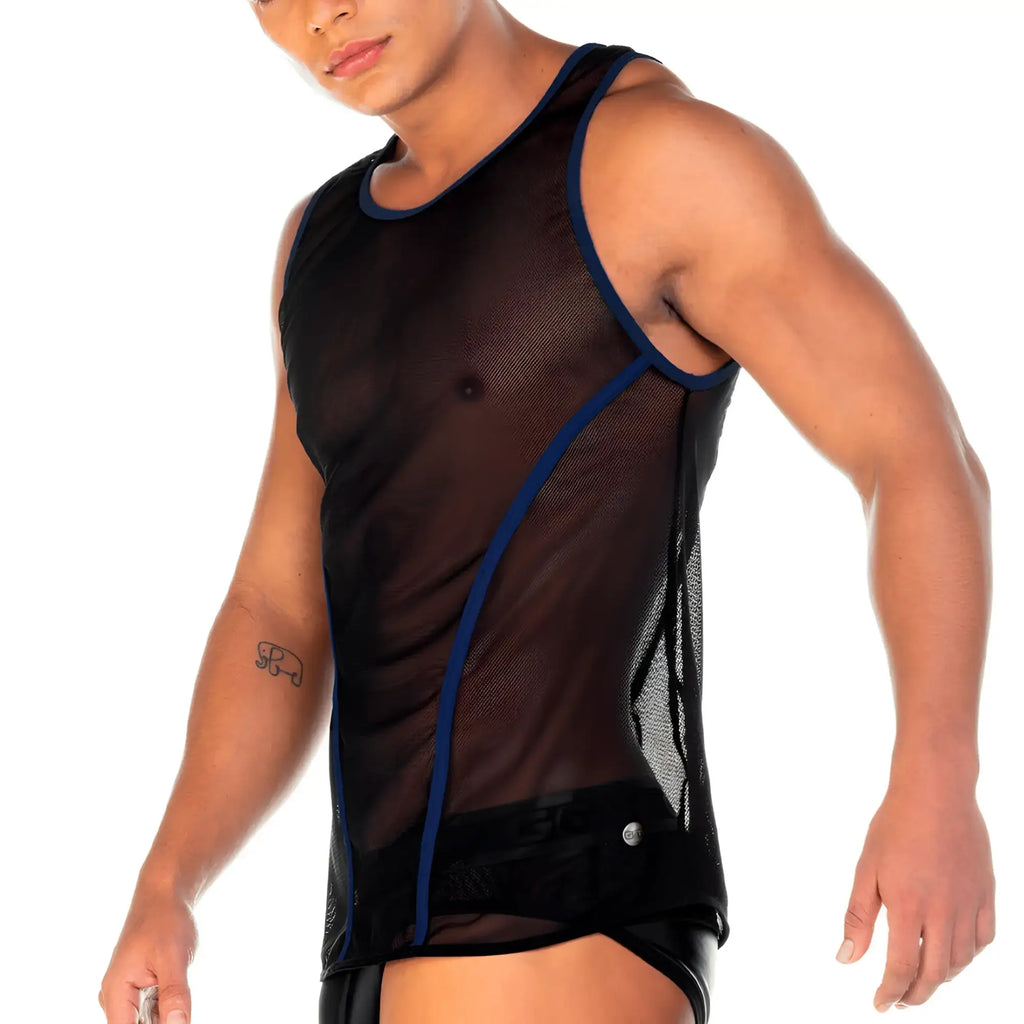 Black mesh tank top with navy blue trim from gigo 2 fetiche blue tank collection for casual wear