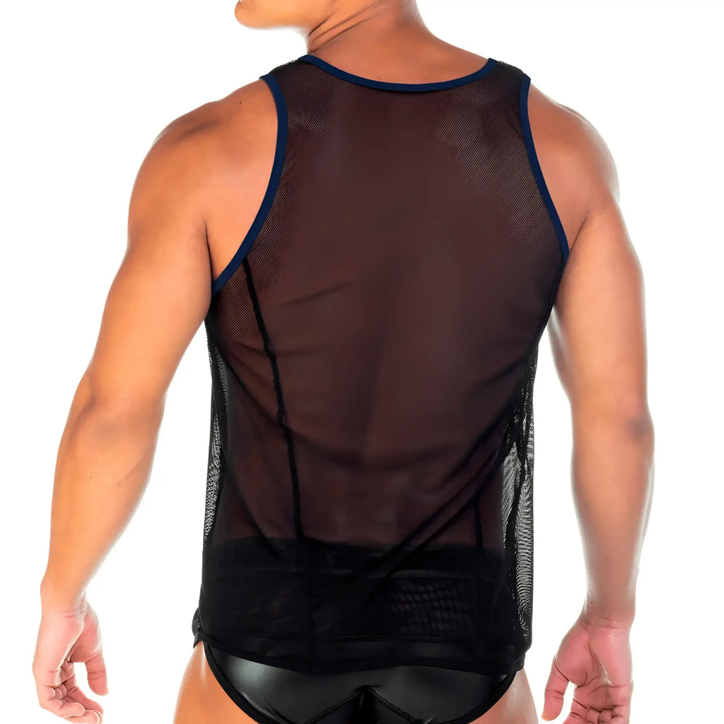 Black mesh tank top with navy blue trim gigo 2 fetiche blue tank featuring breathable fabric and sleeveless design