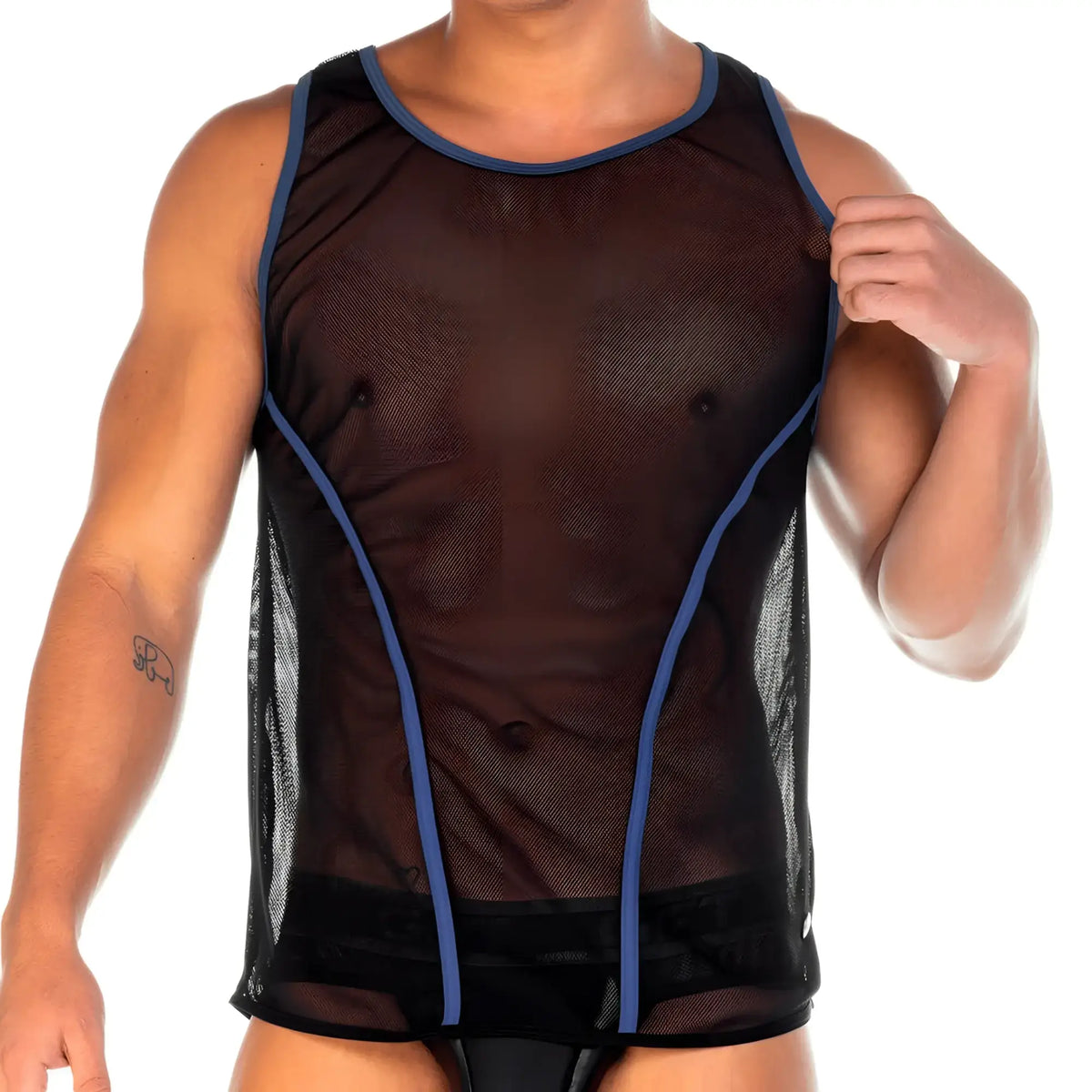 Gigo 2 fetiche blue tank black mesh tank top with blue trim showcasing breathable material and sporty design