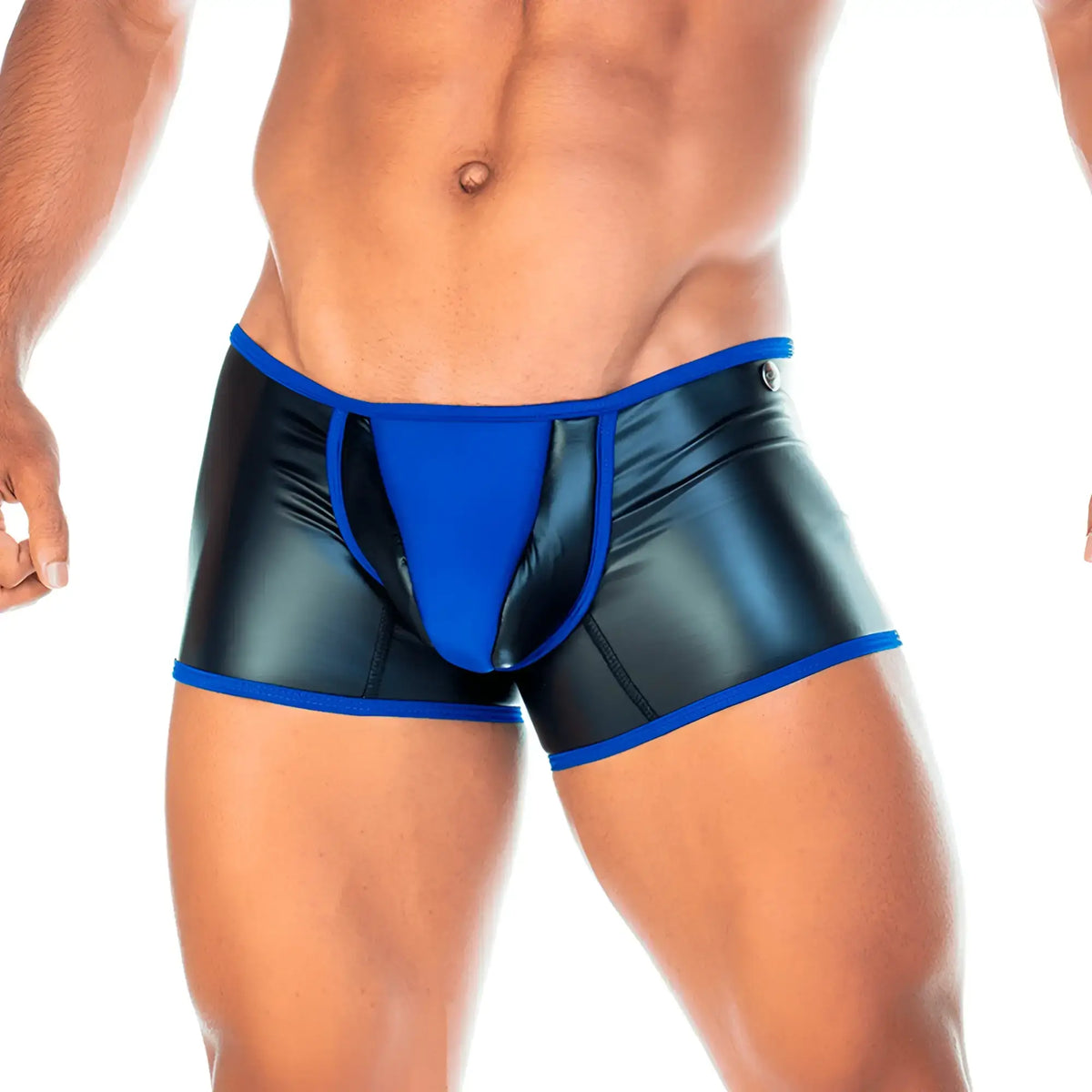 Blue and black shiny faux leather briefs with bold contrasting design in gigo 2 fetiche blue trunk style