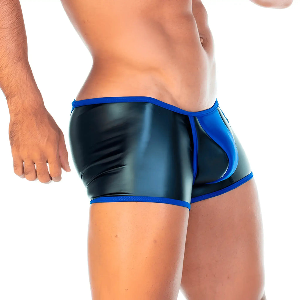 Black and blue shiny latex briefs with bold high-contrast design gigo 2 fetiche blue trunk front view