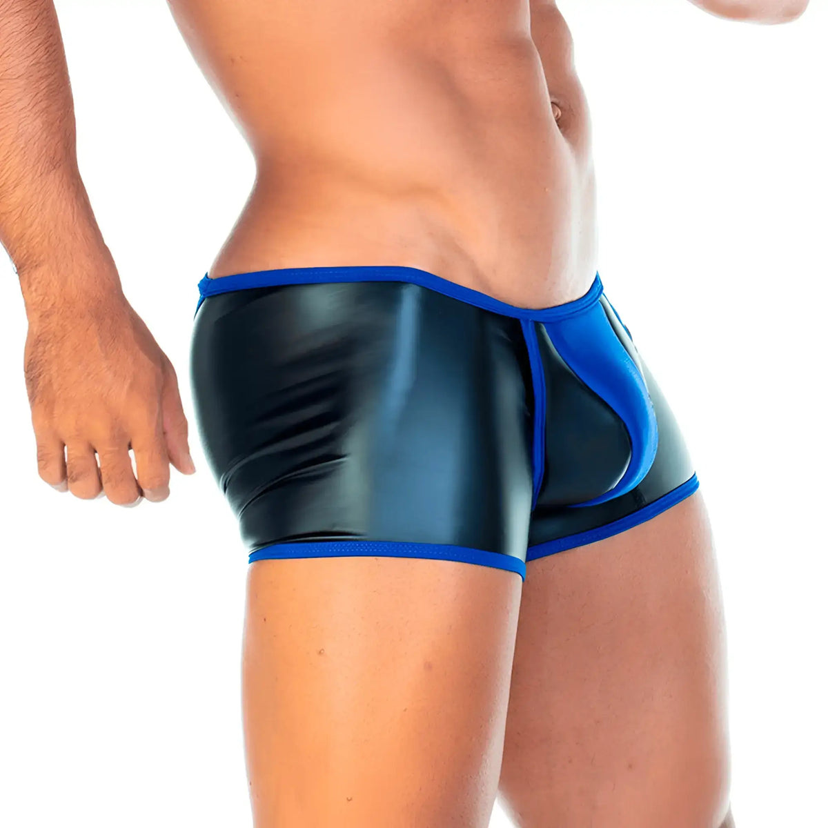 Black and blue shiny latex briefs with bold high-contrast design gigo 2 fetiche blue trunk front view