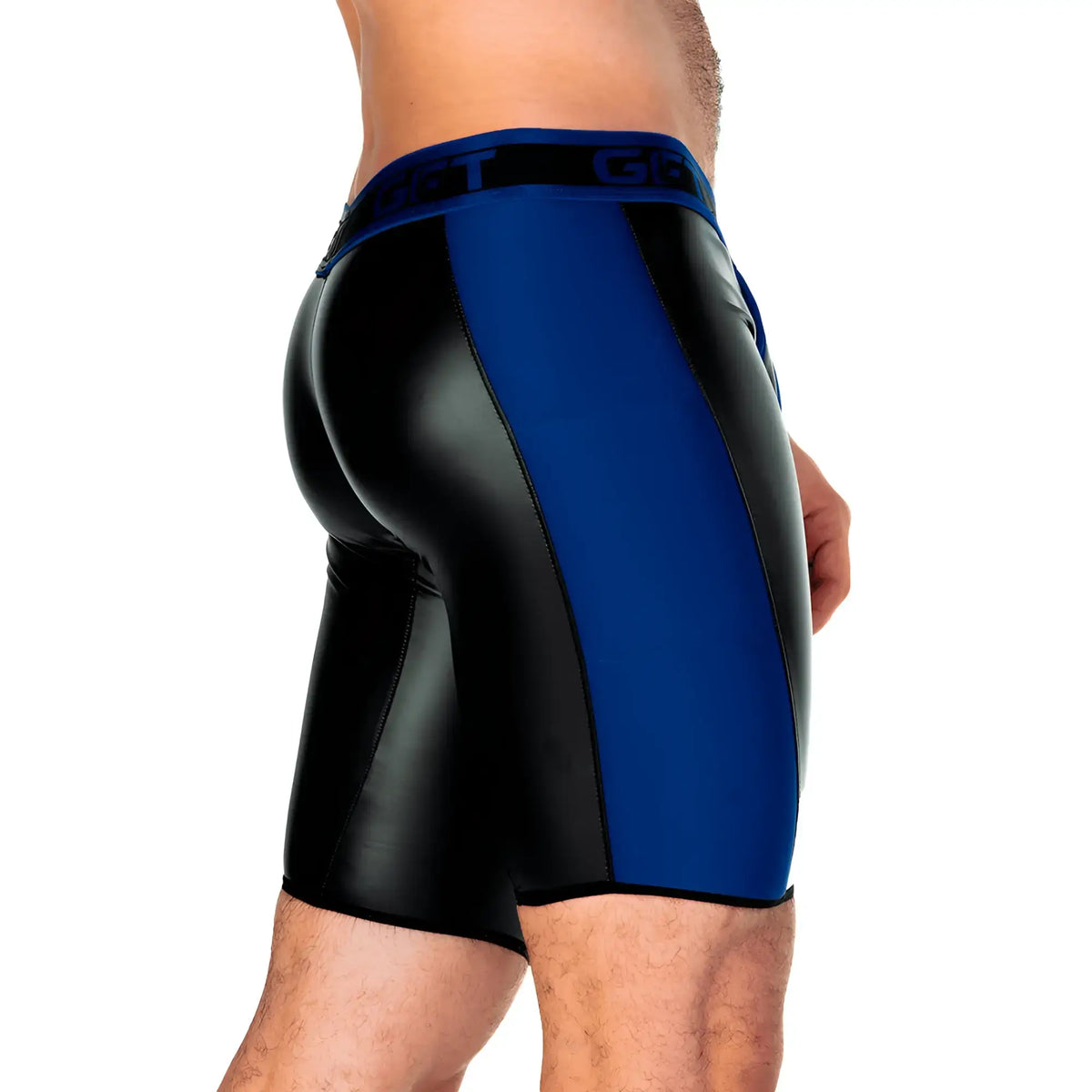 Blue and black glossy athletic shorts with a branded waistband from the Gigo 2 Fetiche Blue Trunk Long collection