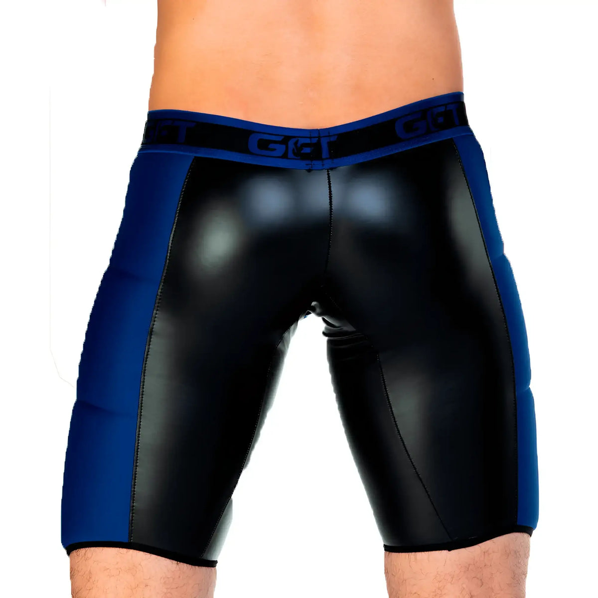 Black and blue glossy fabric Gigo 2 Fetiche Blue Trunk Long shorts with branded waistband front view