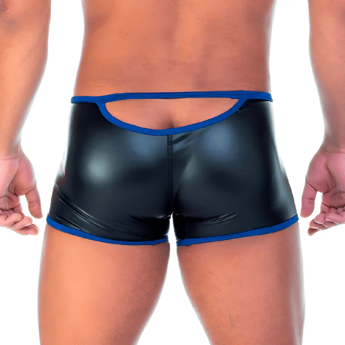 Black shiny faux leather gigo 2 fetiche blue zipper trunk shorts with blue trim and back cutout shown from the back side