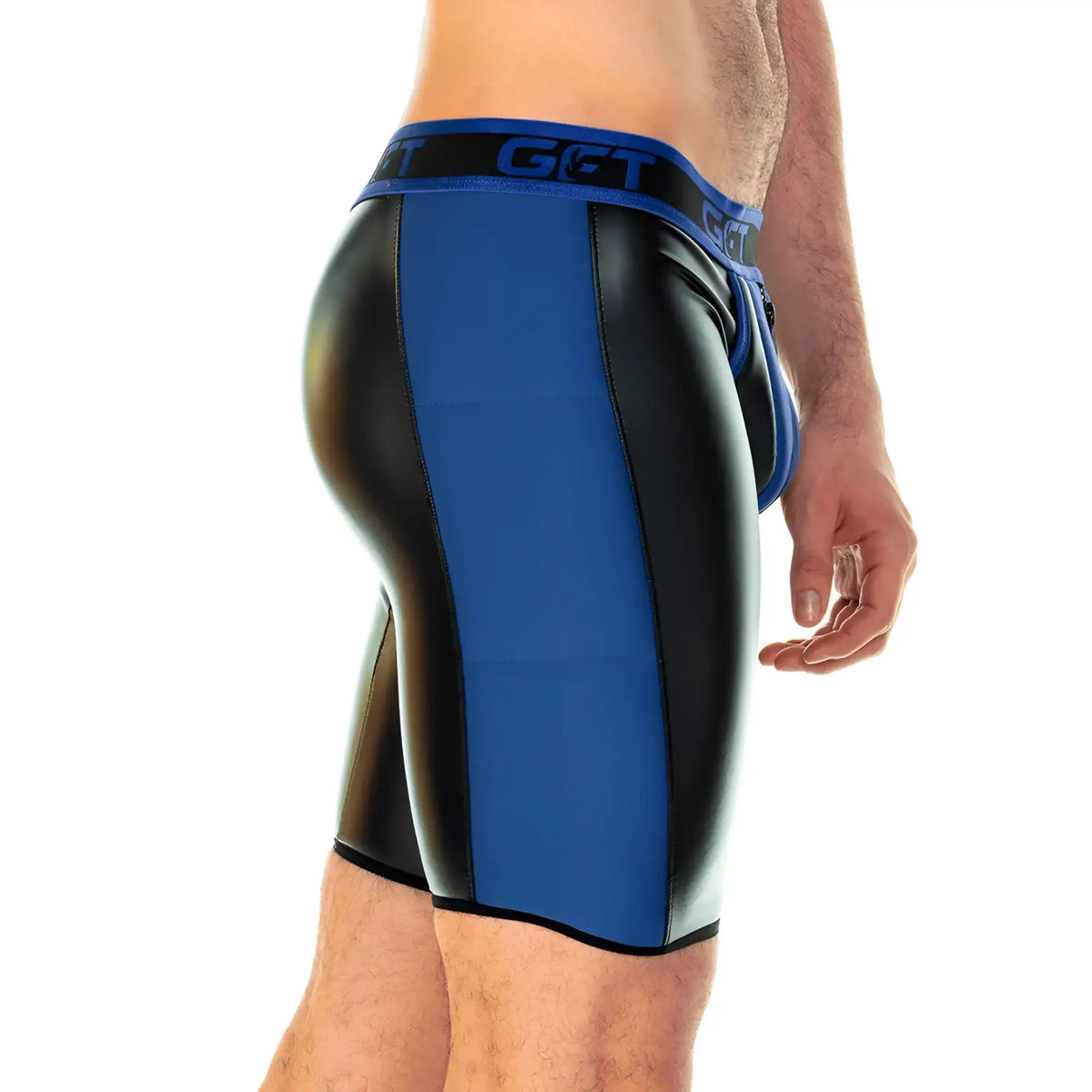 Blue and black latex shorts with blue gct waistband from gigo 2 fetiche blue zipper trunk long collection