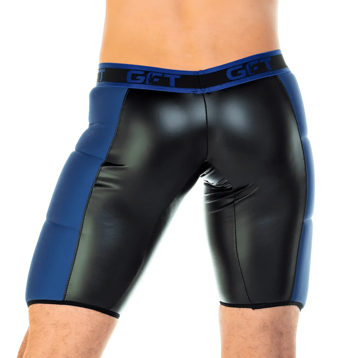 Black and blue patent leather padded shorts with gct logo on waistband gigo 2 fetiche blue zipper trunk long