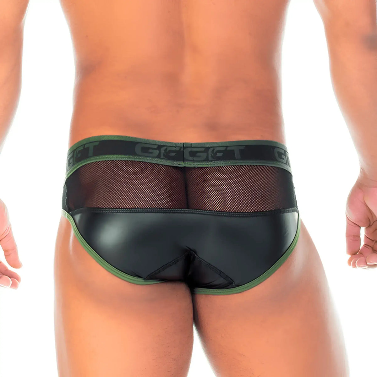 Gigo 2 Fetiche green brief in black and olive green mesh with a glossy faux leather front panel for men