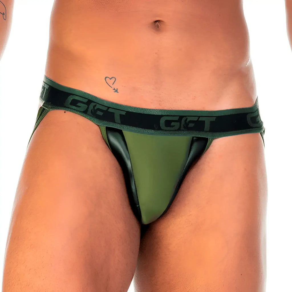Olive green and black athletic briefs with bold get logo band in gigo 2 fetiche green jockstrap design