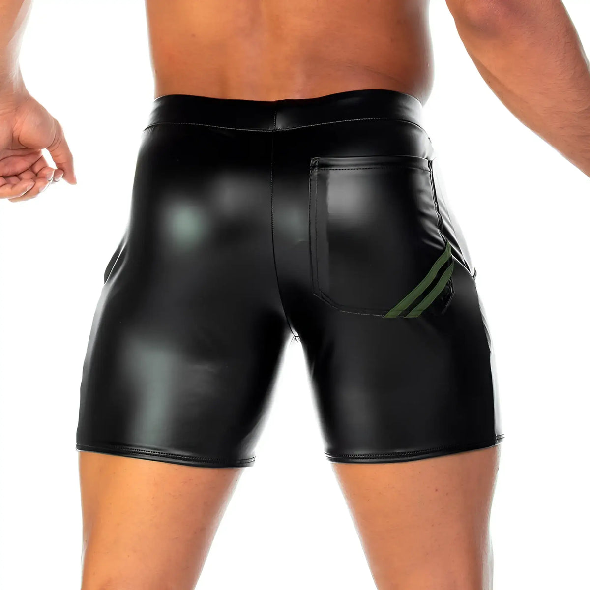 Back view of gigo 2 fetiche green short black shiny faux leather shorts with a single rear pocket accented by green stripes
