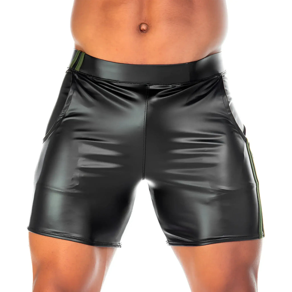 Black shiny faux leather shorts with green side stripes from Gigo 2 Fetiche Green Short collection