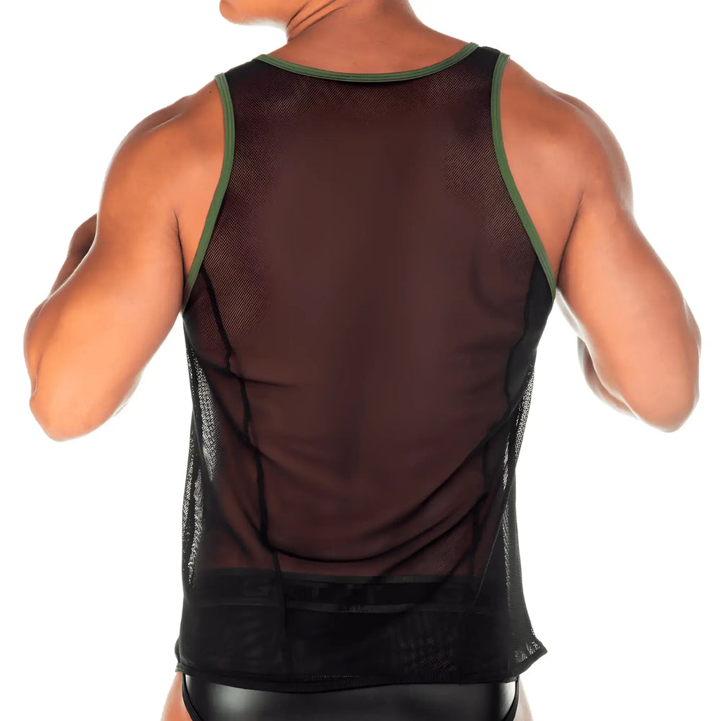 Black mesh tank top with olive green trim from Gigo 2 Fetiche Green Tank featuring breathable fabric