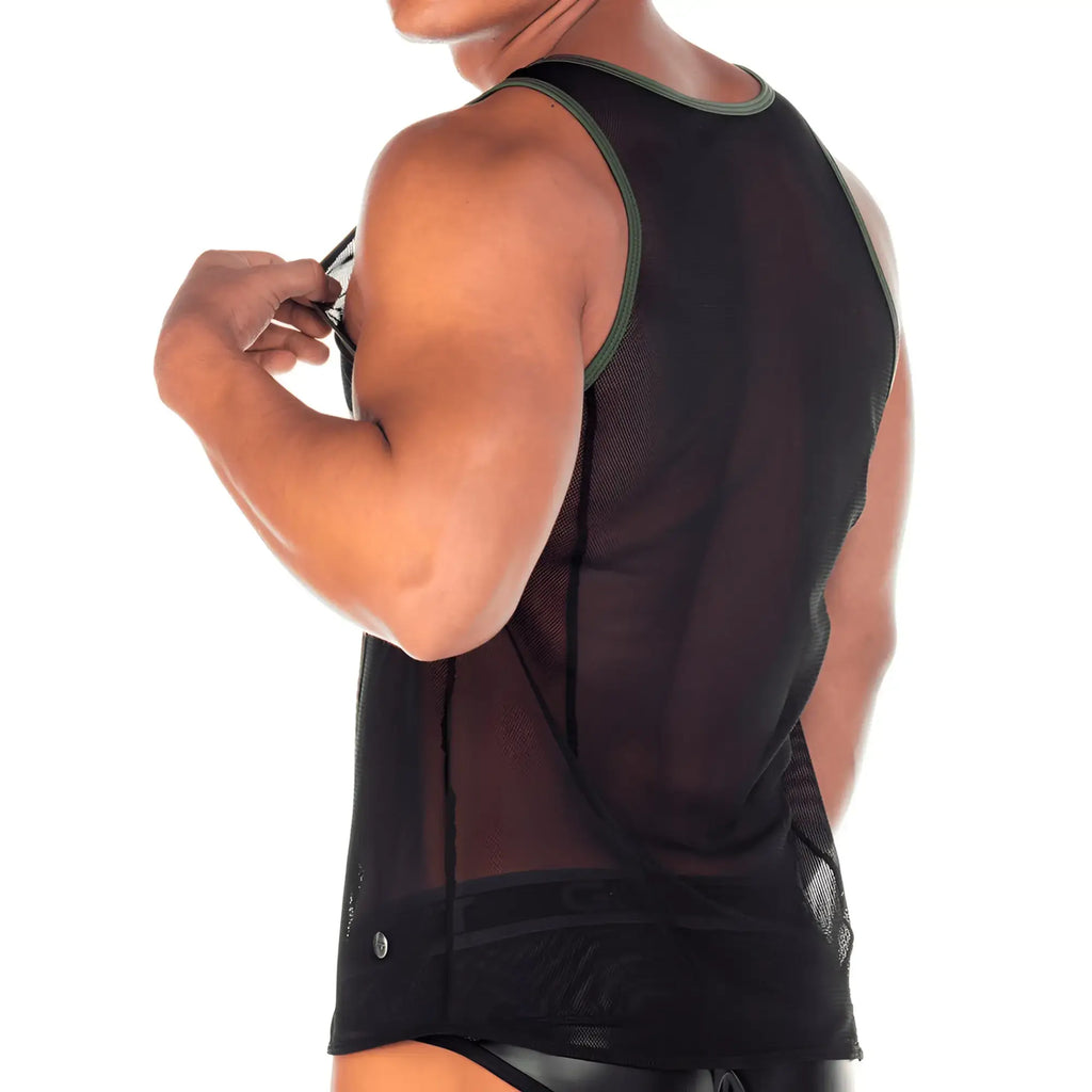 Black mesh tank top with olive green trim from Gigo 2 Fetiche green tank collection showcasing breathable material