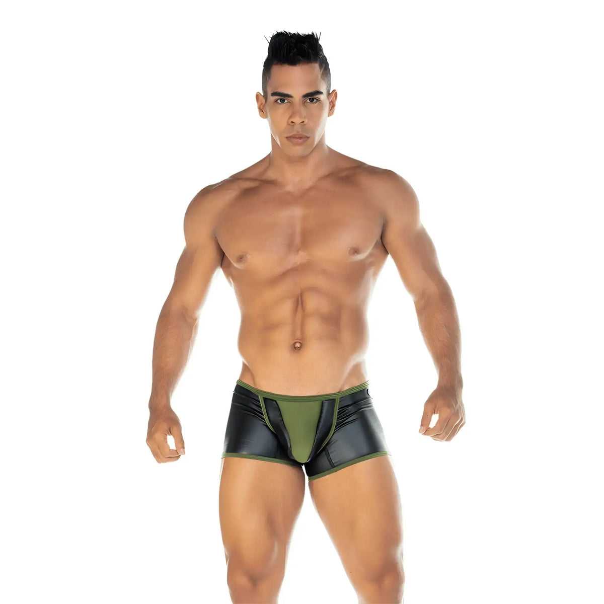 Black and olive green shiny faux leather briefs with central panel design from Gigo 2 Fetiche Green Trunk collection