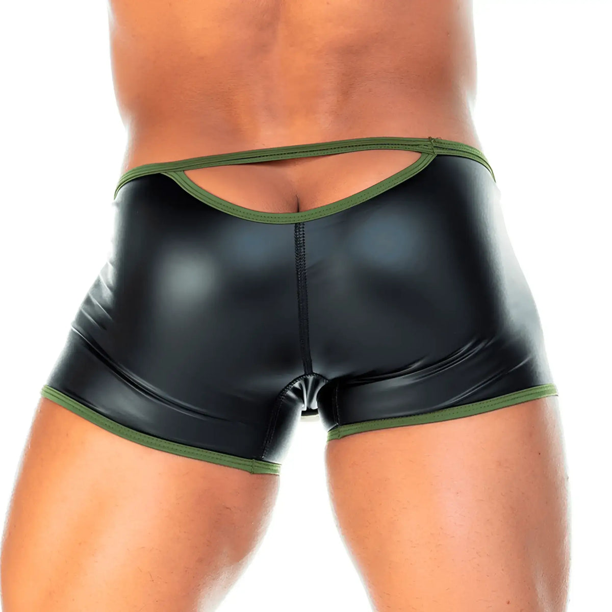 Back view of gigo 2 fetiche green trunk black patent leather shorts with olive green trim and back cutout