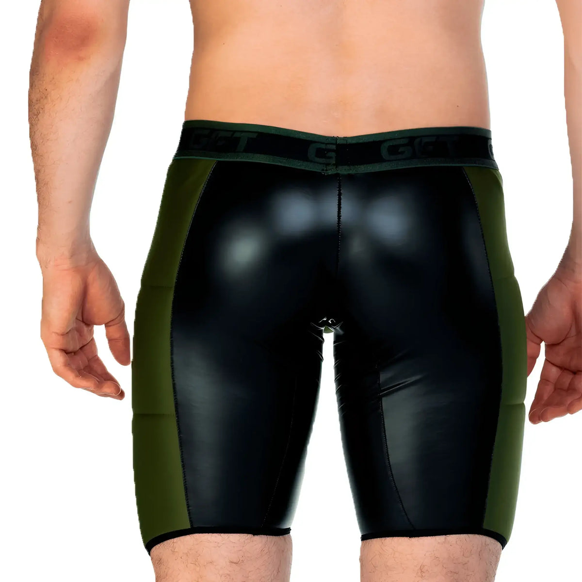 Black and olive green matte finish compression shorts with branded elastic waistband gigo 2 fetiche green trunk long
