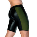 Black and olive green patent leather shorts with a sleek glossy finish in the gigo 2 fetiche green trunk long style